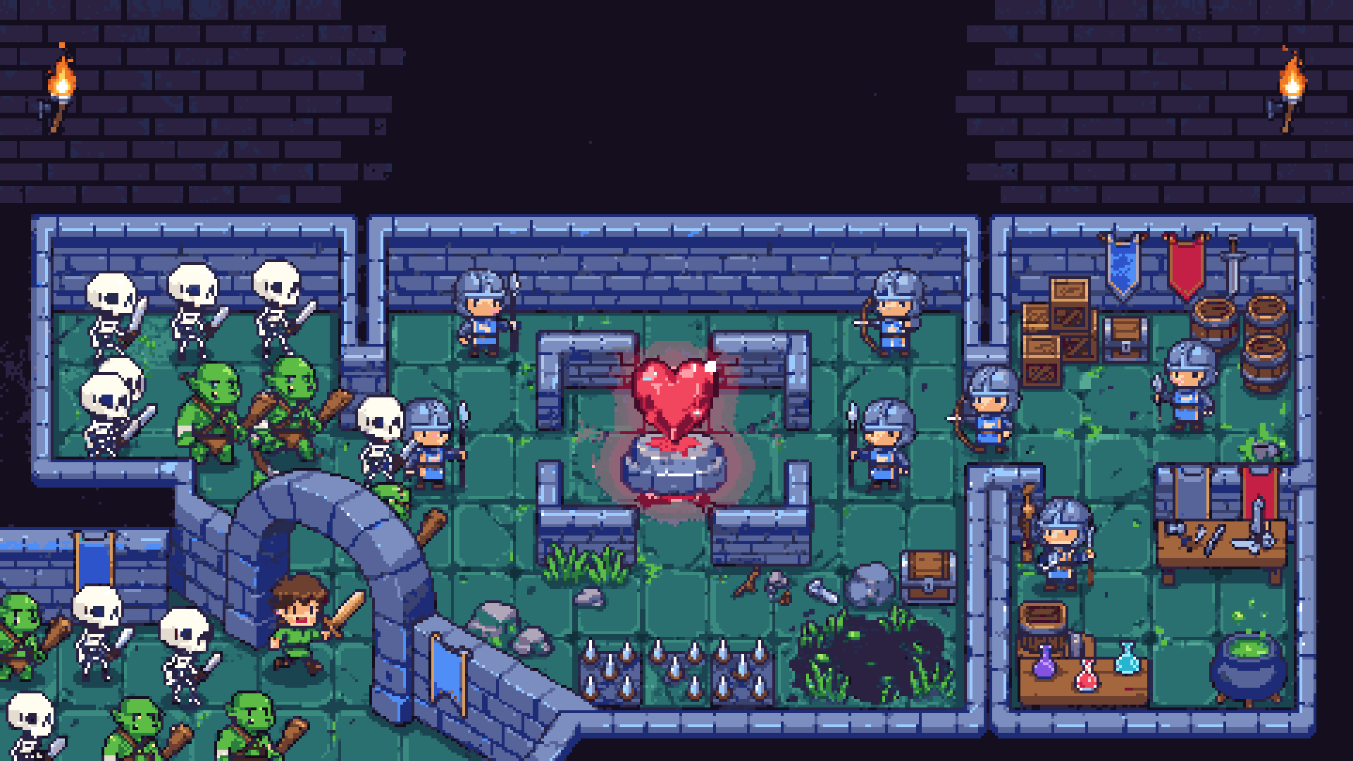A torch-lit dungeon hall: sentries guard a glowing red Heart while a hero leads skeletons and orcs through the gate.