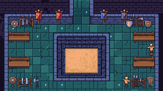 A sunken arena pit between red and blue banners.