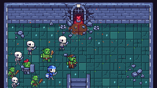 A hero leads skeletons and orcs through a broken gate toward a distant Heart.