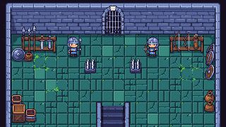 A closed gate guarded by a spearman and an archer, spikes on the approach.