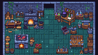 Stations at work: a sawmill, a furnace, a cooking pot, an alchemy table and an anvil.